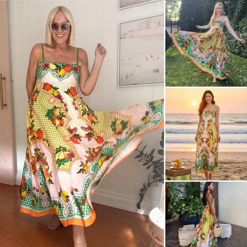 Caroline Constas Fruit Print Linen Blend Midi Sundress Size Medium NWT - Picture 3 of 16